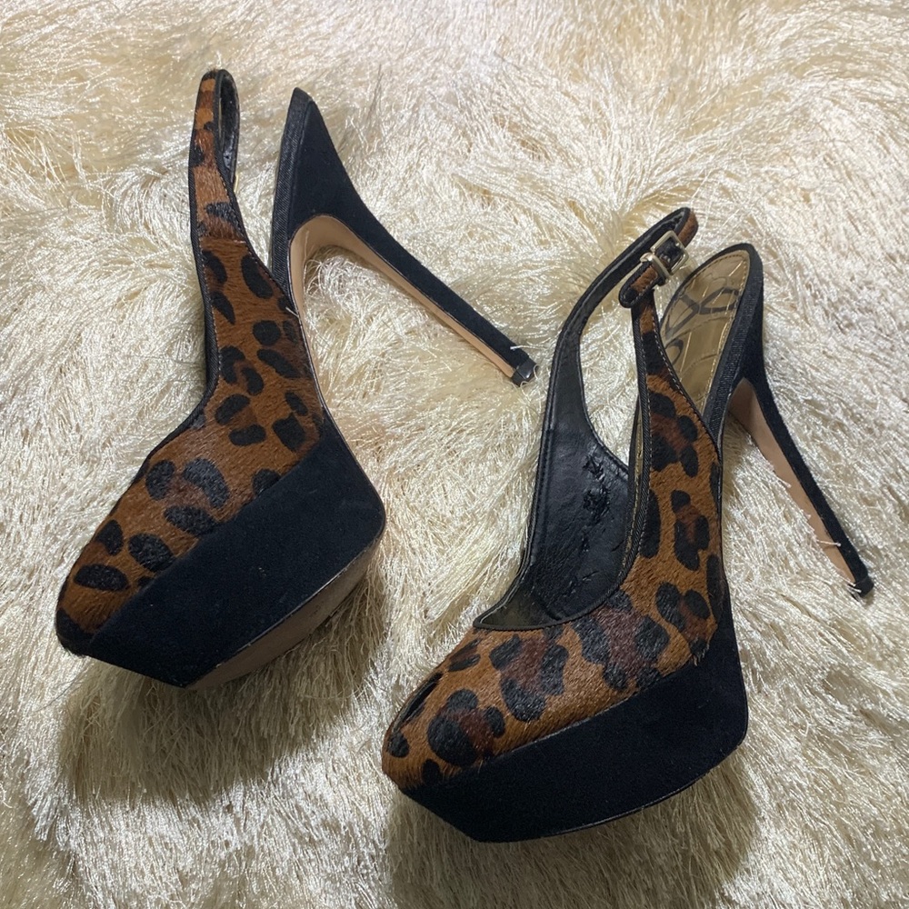 Sam Edelman Calf Hair and Suede Leopard Print Slingback Heels
